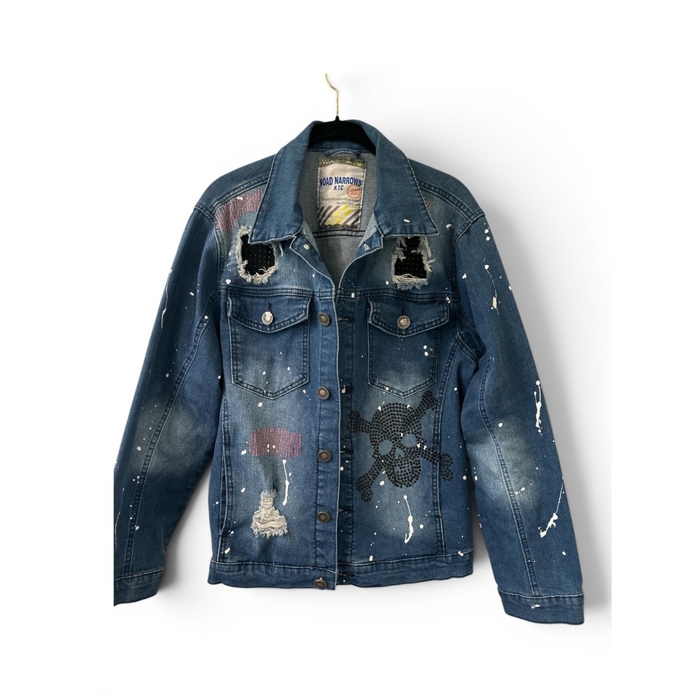 Distressed Denim Jacket Skull Studded Punk Grunge Y2K Paint‎ Splatter M